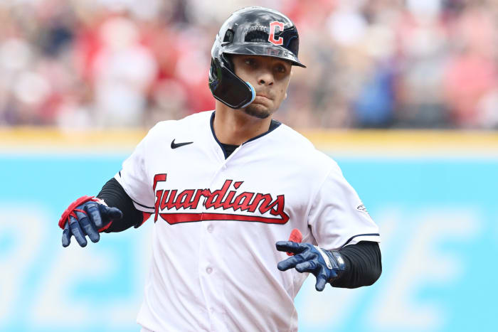 Jul 23, 2023; Cleveland, Ohio, USA; Cleveland Guardians second baseman Andres Gimenez (0) rounds the bases after hitting a home run during the second inning against the Philadelphia Phillies at Progressive Field.